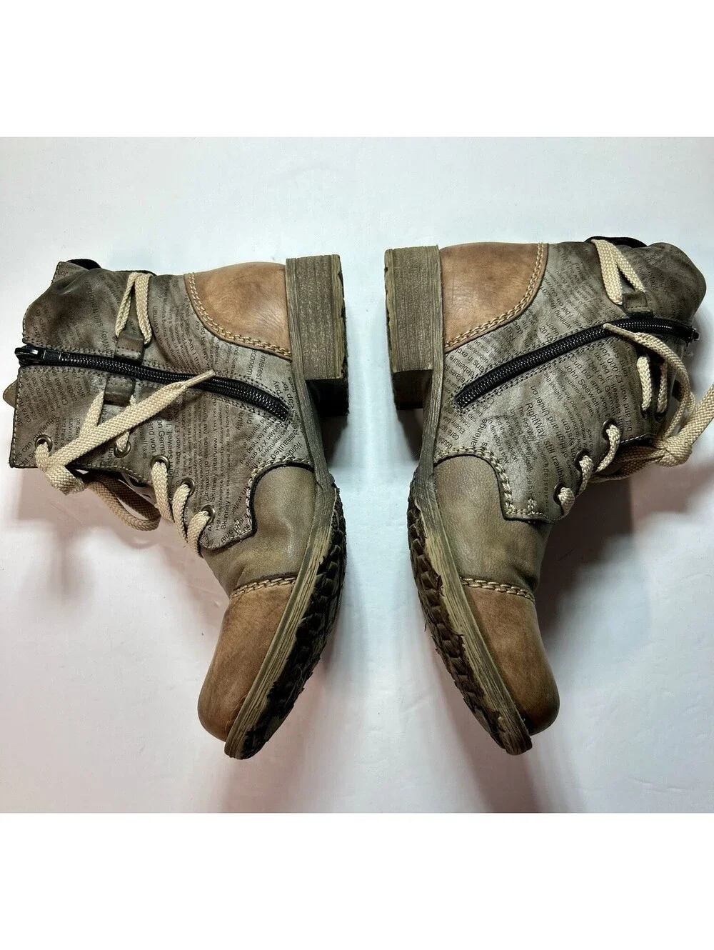 Rieker Payton Boots Ankle W 7 Or 38 Brown Newspaper Print Zip Steampunk Fantasy